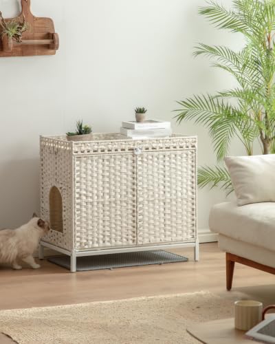 SETVSON Cat Litter Box Enclosure Furniture with Divider, Hidden House White | Handwoven PE Rattan with Washable Mat, 3.54-In Heightened Metal Feet, 31.2 x 19.6 x 24.2 Inches Spacious Cabinet - color: White