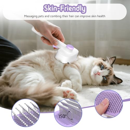 Dog & Cat Brush for Shedding, 2-in-1 Self Cleaning Deshedding Brush | Adjustable Bristle Length with Dematting Comb Skin Friendly Fur Shedding Removal Tool for Long Medium Long Hair Pets (Purple) - color: Purple