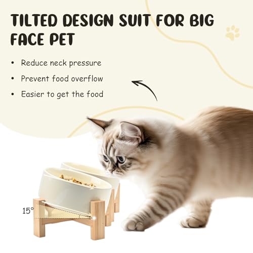 SPUNKYJUNKY 15° Slanted Ceramic Dog and Cat Bowl with Wooden Stand, Tilted Bulldog Food and Water Bowl No Slip Non-Spill for Cats Medium Dogs Big Face Pets 13.5 OZ (1.7 Cups, Beige × 2) - color: Beige, size: 1.7 CUPS × 2