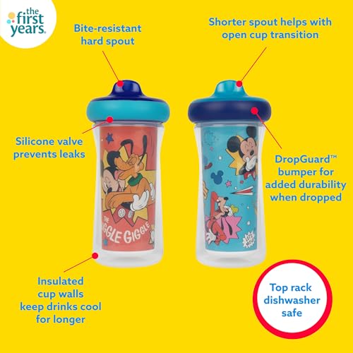 The First Years Disney Mickey Mouse Kids Insulated Sippy Cups - Dishwasher Safe Spill Proof Toddler Cups - Ages 12 Months and Up - 9 Ounces - 2 Count