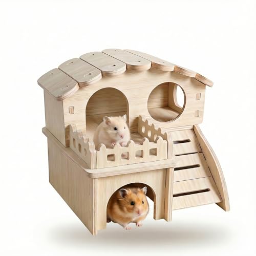 Multi-Chamber Wooden Hamster Hideout, House and Cage Accessory, Model 2 | Natural wood retreat for dwarf hamsters, gerbils and mice, with multiple chambers, openings and ventilation holes.