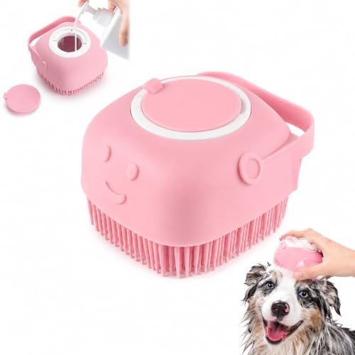 Dog and Cat Bath Brush with Shampoo Dispenser, Silicone Pet Grooming Brush for Dogs Cats, Soft Massage Scrubber for Bath, Easy Clean Ergonomic Pet Shower Brush for Small Medium Pets Pink - color: Pink