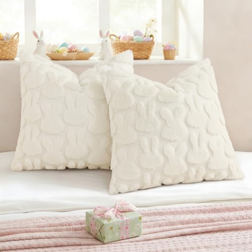 decorUhome Cream White Faux Fur Bunny Throw Pillow Covers 20X20 Set of 2 | Plush Soft Wool Jacquard Cream White Rabbit Cushion Covers, Modern Farmhouse Easter Holiday Decor PillowCases for Sofa Bed - color: Rabbits Cream White, size: 20" x 20" (Pack of 2)