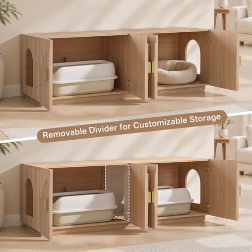 Amunrbrek Double Cat Litter Box Enclosure Furniture with Optional Divider - color: Natural Double