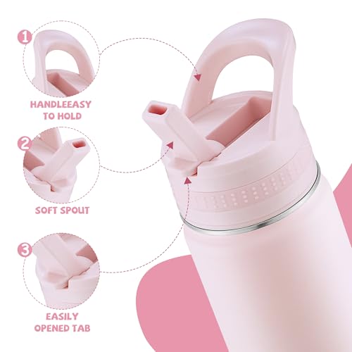 14 Oz Kids Water Bottle, Stainless Steel Water Bottle with Straws, Leak-Proof, BPA-Free, Insulated Water Bottles for School Boys & Girls|Pink - color: Pink