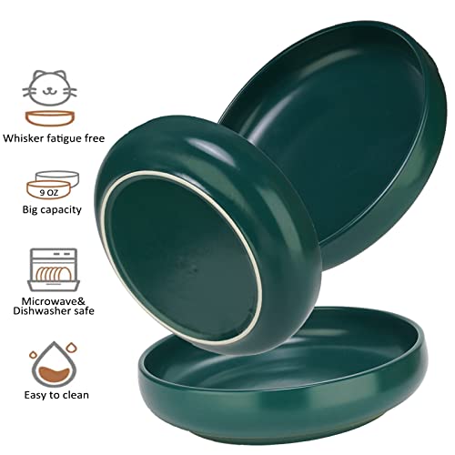 Ceramic Cat Bowls,Shallow Cat Dishes for Food and Water, 6 inch Matte Finish Wide Cat Food Bowl,Whisker Fatigue Free Pet Puppy Kitten Bowl Set of 3,Dishwasher Safe - color: Blackish green-3pack