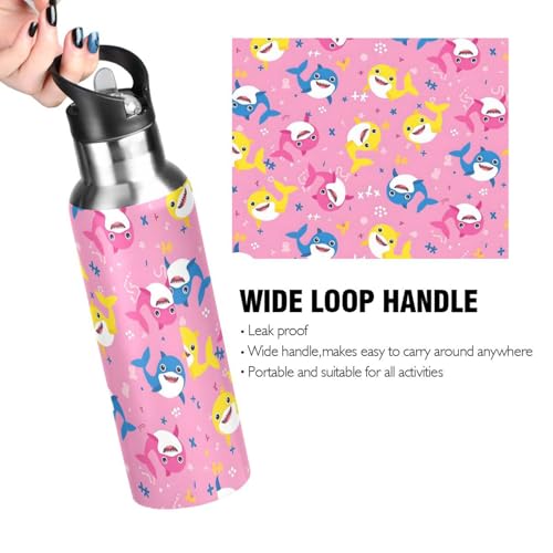 Shark Cartoon Pink Water Bottle Kids Stainless Steel Water Bottle with Straw Lid, Leak Proof Boys Girls Insulated Tumbler Cup for School 20 oz - color: Multi13