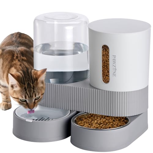 2 Pack Automatic Cat Feeder Stainless Steel Water Dispenser Gravity Food Feeder and Waterer Set with Pet Food Bowl for Small Medium Kitten Puppy Pets Large Capacity(Grey) - color: Grey