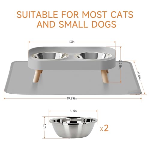 Elevated Cat Bowl with Food Mat, Raised Cat Food and Water Bowl Set for Indoor Cats, Splash Proof with 2 Stainless Steel Pet Food Bowls for Cats and Puppies,Whisker Fatigue and Dishwasher Safe (Grey) - color: Cat Bowls with mat - grey