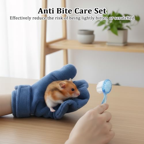 1 Pcs Hamster Bite Proof Glove and Grooming Brush Set, Adjustable Hamster Glove, Lid Soft Cleansing Brush Massage Combs, Guinea Pig Brush, Hamster Care Set for Hamsters, Ferrets, Hedgehogs (Blue) - color: Blue