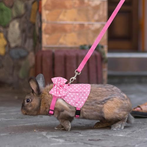 Bunny Harness and Leash Set, Soft Mesh Rabbit Harness with Bow, Adjustable Escape Proof Vest for Small Pets Rabbits Kittens Guinea Pigs (Pink Polka Dots, M) - size: M