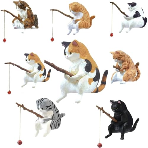 Cute Cat Fishing Figurines for Cat Fish Tank, 7PCS Mini Resin Cat Aquarium Decorations, Funny Fish Tank Decor, Small Aquarium Ornament, Miniature Garden Decor for Cat Lovers