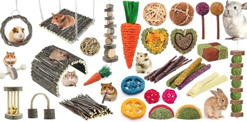 Hamster Toys Rat Toys Chinchilla Toys Hamster Chew Toys Natural Timothy Hay Sticks Apple Wood Sticks Ladder Bell Roller for Gerbil Guinea Pigs and Other Small Animal