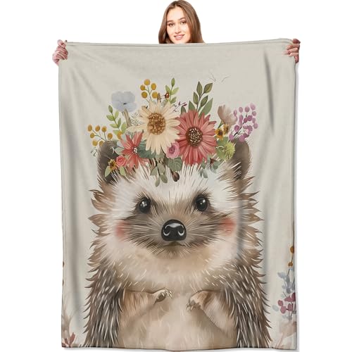 Cute Hedgehog Blanket Cuddly Pastel Throw Blankets,Gifts for Kids Woman Adult,Lightweight Soft Fleece,Animal Floral Crown Design,for Sofa Couch Bed Room Modern Artistic Decor 50x60in - color: Hedgehog, size: 50x60in