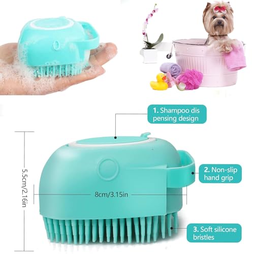 Pet Bath Scrubber Brush, Dog Grooming Massage Shampoo Bath Brush with Soap and Shampoo Dispenser Soft Silicone Bristle for Long Short Haired Dogs Cats Shower (Blue)