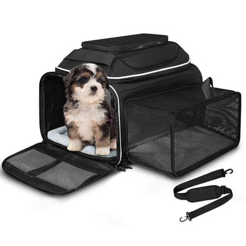 Top and Side Expandable Small Pet Carrier Airline Approved, Black | 18"Lx11"Wx11"H, for Delta/United/American Airlines, Pets Under 10 Lbs, Lockable Zippers,Soft-Sided, Anti-Scratch Mesh - color: Black, size: 18.0"L x 11.0"W x 11.0"H