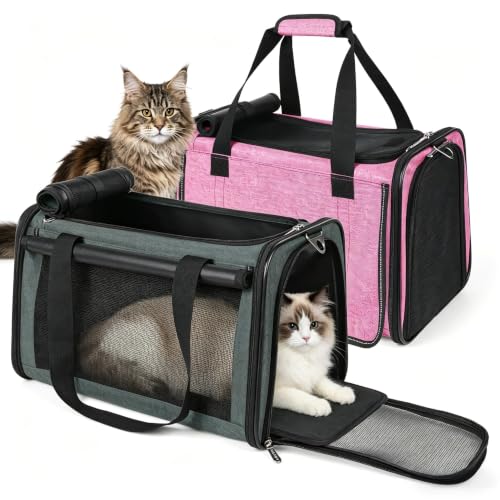 YUDODO 2 Packs 25 lbs Soft Sided Pet Carrier for Large Cat & Small Dog | Airline Approved, Lightproof Breathable Design, Side Pockets, Durable Mesh, Foldable and Portable, Pink+Grey Green - color: Pink*1+Grey Green*1