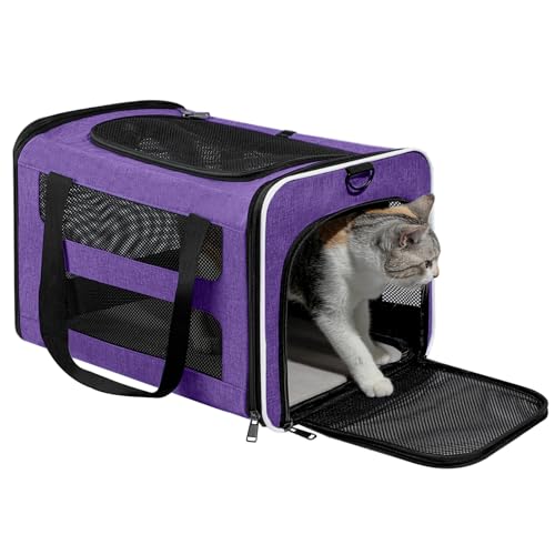 Cat Carrier Soft-Sided Travel Bag for Medium to Large Cat Over 15lbs | Small Puppy Dog Carry Crate 12 Pounds, Top Entry, Breathable Mesh, Pet Kitten Rabbit Cage Bag Transport Kennel Collapsible - color: Purple