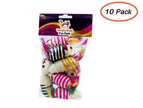 10 Sisal Mice with Rattle Sound, Interactive Catch Play Teaser Mouse Toy for Cats and Kittens, Made of Safe and Natural Sisal Hemp Material. Pack of 10 Mice