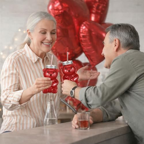 Sliner Valentine Bear Bottles with Straws Including Plastic Bear Drink Empty Bottle & Straws & Caps for Valentine Party Juice Milk Cup Drink Water Container - style: Bear