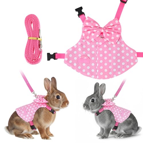 Rabbit Harness and Leash Set, Pink Polka Dot Bunny Suit, Cute Easter Bunny Clothes with Cute Bow for Outdoor Training Camping Walking Escape Proof Pink(M) - size: M