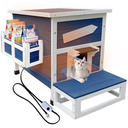 Rockever Large Outdoor Cat House with Heating Pad, Wooden Feral Cat Shelter | Weatherproof blue wooden shelter with escape door for feral cats, offering a spacious, warm and secure refuge for outdoor use