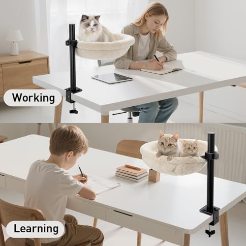 Cat Desk Bed, Reversible Cat Hammock for Desk Use, Clamp-On Metal, Cream | 360 Rotating, Height Adjustable, Supports up to 45lbs, Machine Washable, Large Cats & Kittens, Indoor, Office & Game Tables - color: White