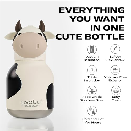 asobu Mini Bestie Water Bottle, Cute Collectible Character, Stainless Steel | 6.7 oz, Leak Proof Seal, Spill Resistant, BPA Free Materials, Dishwasher Safe, Reusable Straw Included, Great Gift Idea - color: MINI WILLOW THE COW