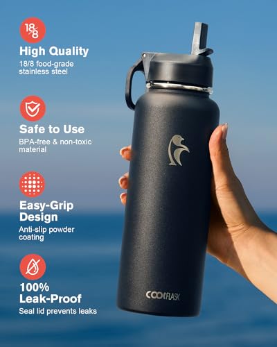 Coolflask 40 oz Water Bottle Insulated with Straw & 3 Leakproof Lids | Water Flask Stainless Steel Triple-Wall Vacuum,Cold 48+h,Dishwasher Safe,Wide Mouth, BPA-Free,Carrier Bag,for Gym,Hiking - color: Magic Black, size: 40 Ounces