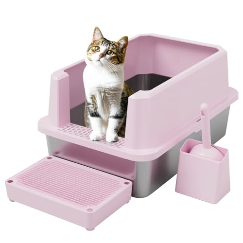 RIZZARI Stainless Semi-Closed Litter Box: High-Sided Open for Large Cats | 304 Stainless Bottom / 6.5" High Splash Guard / Low Front Entry / Spacious for Large Breeds / 30-Second Tool-Free Assembly - color: Pink, 1 Pack