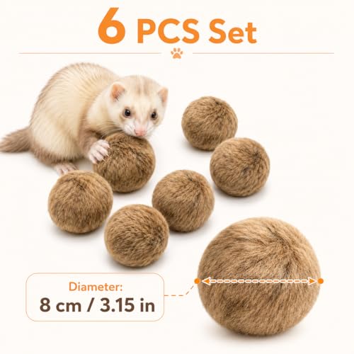 6PCS Furry Ferret Toy Ball, Soft Plush Small Pet Exercise Ball with Cotton Filling, Interactive Chew Toy for Ferrets, Rabbits, Hamsters, Cat, Relieve Boredom & Anxiety