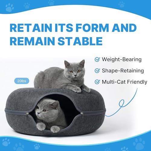 2-Level Detachable Large Cat Tunnel Bed for Indoor Cats, Scratch-Resistant Felt Donut Cat Cave, Supports Up to 30 lbs, Peekaboo Cat Tube (Dark Grey, L 24 x 24 x 22 in)