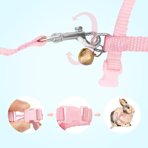 Hypeety Rabbit Harness with Leash Adjustable Nylon Vest for Small Animals | Adjustable 7.9-11.9'' chest, 7.1-10.3'' neck, escape-proof snap buckles, with bell lead for bunnies/guinea pigs/ferrets, pink - color: Pink