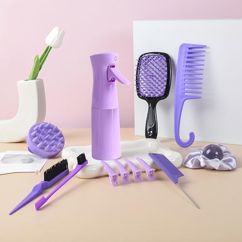 12 Pcs Hair Brush Set with Continuous Hair Spray Bottle for Women, Rat Tail Combs for Toddlers, Soft Scalp Massager, Detangling Hairbrush for Wet Dry Curly Hair (purple) - color: Purple