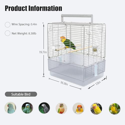 Stainless Steel Travel Bird Cage, 304 Portable Foldable Carrier for Parrots, Conures, Cockatiels, Parakeets – 17 Inch Large Birdcage with Aluminum Handle & Perch(Blue, Large Birdcage) - color: blue