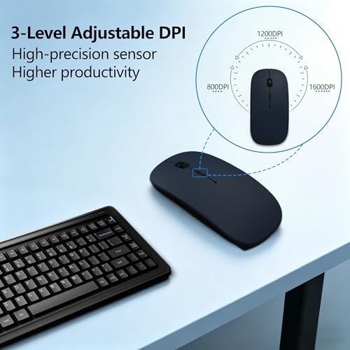 Slim Bluetooth Wireless Mouse with Jiggler - Blue | Rechargeable Portable Mouse, BT5.2 & 2.4G, USB-C/USB-A Receiver, Adjustable DPI for MacBook, iPad, Laptop & PC - color: Deep Blue