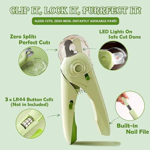 Self Cleaning Cat Brush for Shedding, LED Light Nail Clipper and Nail File | Slicker Brushes and Nail Trimmer for Long Haired Cats, Grooming Kit, Cat Lover Gifts - color: Green