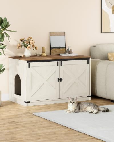Hzuaneri Cat Litter Box Enclosure, Hidden Litter Box Furniture with Divider | Wooden Cat Cabinet with Removable Dividers, Reversible Entrance Left or Right Side, Cat Washroom, Rustic White Brown CB84714X - color: Rustic White and Brown, size: 39.4"L x 21.