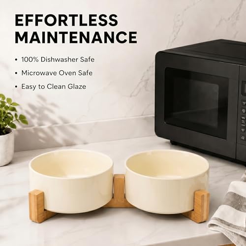SPUNKYJUNKY Ceramic Dog and Cat Bowl Set with Wooden Stand, Modern Cute Weighted Food Water Set for Small Size Dogs (13.5OZ) & Medium Sized Dogs (28.7OZ) & Cats (3.6 Cups, 2 × Beige) - color: Beige × 2, size: 3.6 cups