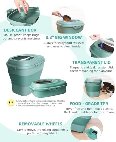 30-35Lbs Dog Food Storage Container Airtight,Collapsible Dog Food Container | Large Pet Food Storage Container with Double Airtight Seal & Magnetic Lid,Cat Food Container with Wheels,2Pcs Container,Scoop - color: Green