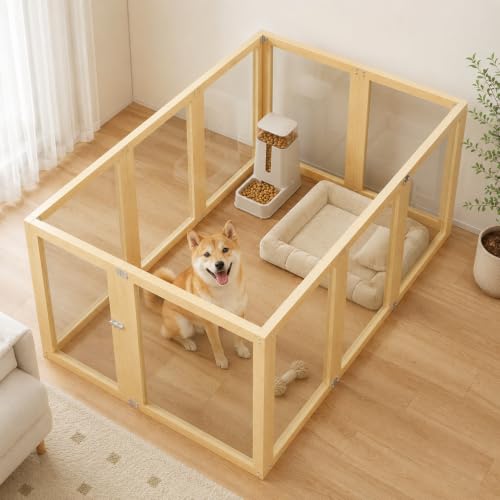 10 Panel Clear Acrylic Pet Playpen Indoor Wooden Puppy Fence | Fast tool-based setup creating a highly secure and stable barrier that stays upright during active play - size: 10 Panel 59x39.4in