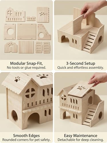 Large Wooden Hamster House & Gerbil Hideout – 8.5" Double-Decker Maze Hut with Slide, Multi-Level Small Animal Cage Accessory for Dwarf Hamsters, Mice, Rats, Gerbils﻿ - color: WOOD
