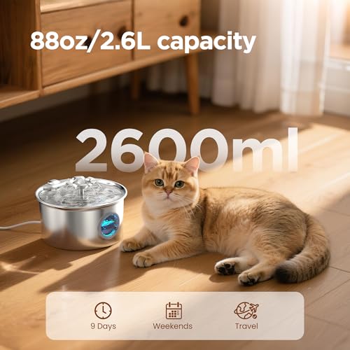 Stainless Steel Cat Water Fountain: 88oz/2.6L Pet Fountain for Drinking | Water Fountain for Cats Inside with Flower Quiet Cat Dispenser Kitty Drinking Fountain Indoor - Gifts for Pets, Small Animals