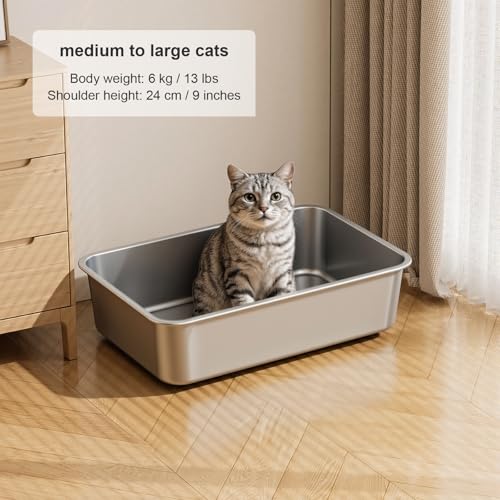 X-Large High Sided Stainless Steel Cat Litter Box | Sturdy Metal, Odor-free, Cat Litter Non-stick and Easy to clean, Perfect for Indoor Cats, Kittens and Multi-cat Households - size: 23.62"L x 15.75"W x 5.91"H