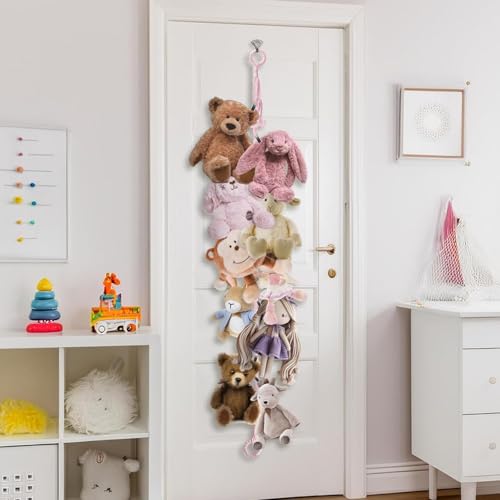 Munzong Pink Hanging Stuffed Animal Storage Chain, 40 Metal Clips 80 Inch | Wall Mount Cotton Stuffed Animal Display Holder for Corner Wall Decor Play Room - color: Pink, size: 2 Pack