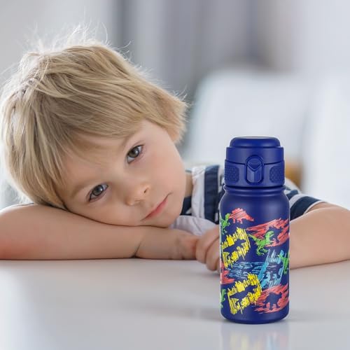 GOPPUS Kids Insulated Water Bottle 12oz, Leakproof Stainless Steel Thermos, BPA Free Double Wall Vacuum Insulated Bottle for School, Travel, Sports & Outdoor Activities, Boys Girls - color: Blue sketch dinosaur