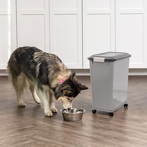 IRIS USA Dog Food Storage Container, Up to 40 lbs, Gray/Dark Gray | Made in USA, Comes with Wheels & 2-Cup Scoop, Airtight Seal, BPA-Free, Bird Seed, Cat food, Cat Litter, Treats, Pellets - color: Gray/Dark Gray, size: 40 lbs