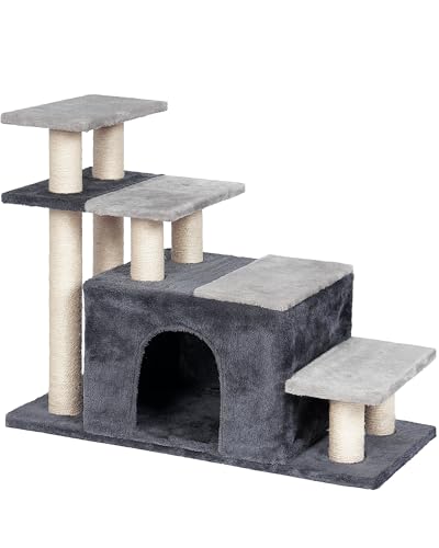 Aechonow 4-Tier Cat Stairs for High Bed with 22'' Cat Scratching Post | Pet Steps for Doggies Rabbit Ferret, Adjustable Cat Cave, Grey, Extra Large - size: Extra Large-Gray