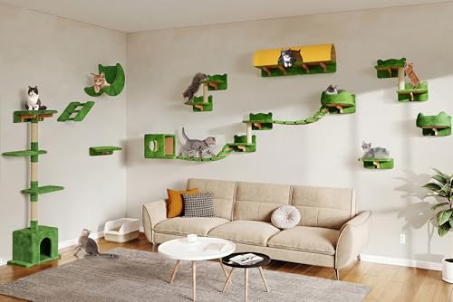 26-in-1 Cat Wall Shelves with Cat Tree, 40''L Tunnel, Moon, Green | Wall Mounted Cats Furniture Set with Plush Fabric, Cat Climbing Systems for 16 Inch Drywall, with Scratching Posts, Bridge - color: Green, size: 26-in-1