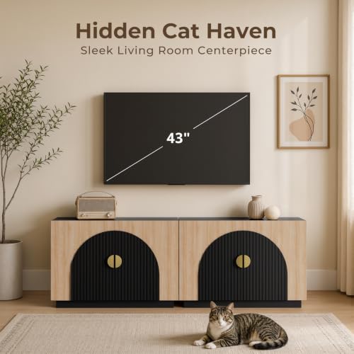 Amunrbrek Cat Litter Box Enclosure Furniture, 31.5" Arched Fluted Cabinet - color: Black and Natural